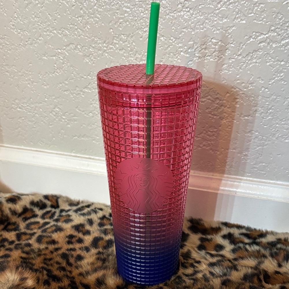 NEW 24oz Starbucks Gradient Pink and Blue Tumbler with Green Straw